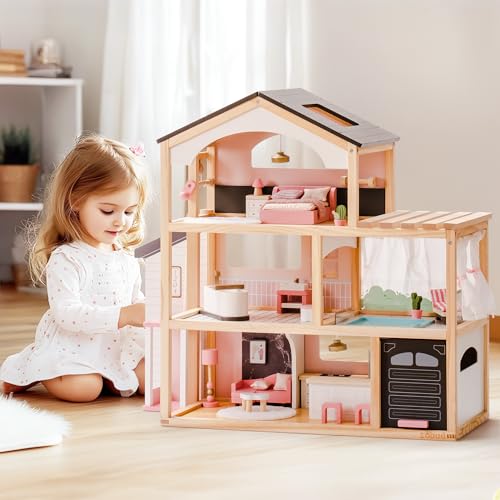 ROBUD Puppenhaus aus Holz,Puppen-Villa mit Möbel,Mit Aufzug, Garage, Pavillon und Schwimmbad,Geschenk für Kinder ab 3, 4, 5, 6 Jahren und älter,Schwarz