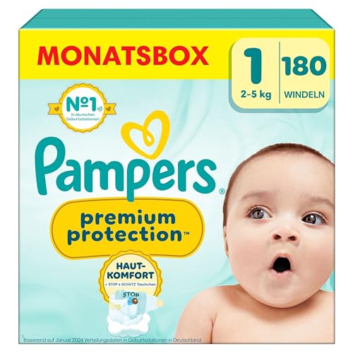 Pampers Premium Protection Größe 1, 180 Windeln, 2kg-5kg, Doppelter Schutz für die Haut und vor Auslaufen