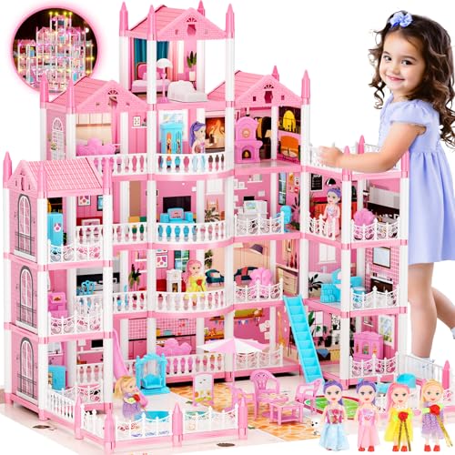 5-stöckiges Puppenhaus mit 19 Zimmern und Zubehör, LED-Licht, Puppen, Spielmatte, Haustier-Spielhaus – Spielzeuggeschenk für Mädchen ab 3-13 Jahren
