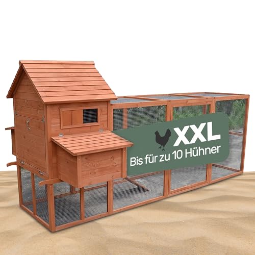 Melko - Hühnerstall braun Winterfest XXL 310x150x150cm mit Auslauf aus Massivholz - Hühnerhaus mit großzügigem Gitter - Hühnervoliere mit Rampe, Sitzstangen & Nestboxen - Für 6-10 Hühner & Kleintiere