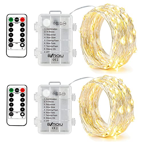 BXROIU 2 x50Leds Silbernedraht Micro LED Lichterkette Batteriebetrieb 8 Programm (Warm weiß), 2 Stück (1er Pack)