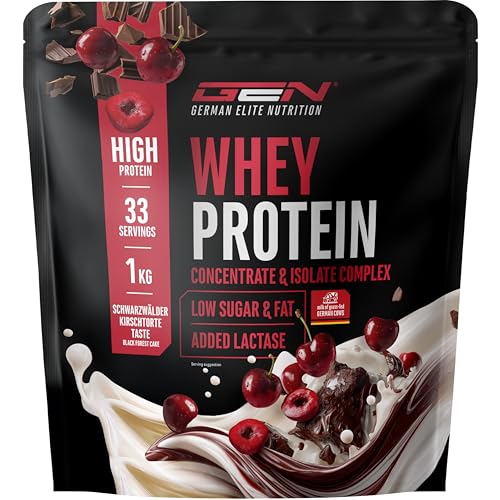 Elite Whey Protein Pulver - 1000 g Schwarzwälder Kirschtorte - Mit Whey Isolat - Bis zu 23 g Eiweiß pro Portion - Instant löslich - Mit Laktase, BCAA & EAAs