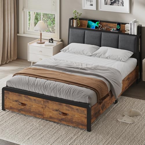 KIMENICH Bett 140x200 cm, Metallbett Bettgestell, Bettrahmen mit Lattenrost, Ladestation, 2 Schubladen, Metallrahmen & Holzkopfteil mit Stauraum, für Schlafzimmer, Gästezimmer, Schwarz+Vintage-braun