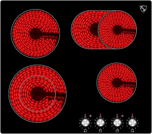K&H Glaskeramikkochfeld CK-7206K [4 ZONEN] - Herdplatte 4 Kochfelder mit Knebel-Steuerung - Kochfeld 4 Platten Autark - Kochplatten 4er - Starkstrom-Anschluss - 59CM - 7200 Watt - 11 Leistungsstufen