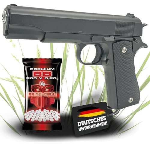 Fritz-Cell Set Airsoft Pistole FC13BW schwere Ausführung Federdruck Softair Waffe 0,5 Joule 6 mm inkl. 500 Premium BB's 0,20g Munition