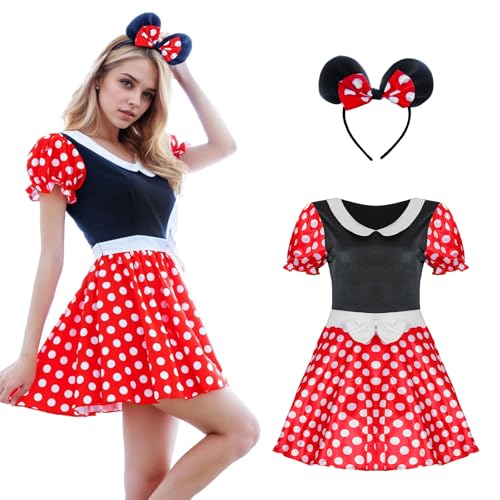 HUIKUANGEU Maus Kostüm Damen mit Roten Ohren und Schleife für Karneval, Fasching, Mottoparty