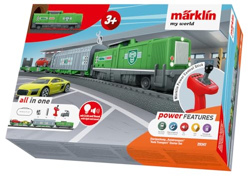 Märklin My World - 29347 Startpackung Autotransport – Lokomotive mit Waggons & Autos – Licht, Sound, Funkfernsteuerung – Modellbahn Starterset – ab 3 Jahre – Spur H0 1:87