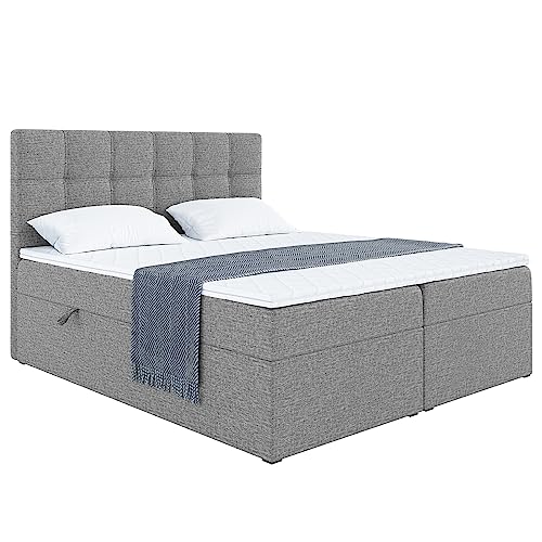 MEBLINI Boxspringbett mit Bettkasten - Gepolstert Doppelbett mit Matratze und Topper - Polsterbett mit Stauraum - Bett mit Kopfteil - Stauraumbett - NILS - 180x200 - H3/Grau Webstoff