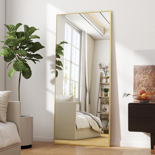 BEAUTYPEAK bruchsicher Ganzkörperspiegel 60x165 cm, Standspiegel hängend oder lehnend an die Wand, groß Bodenspiegel mit Ständer für Schlafzimmer, Wohnzimmer oder Ankleidezimmer, Gold