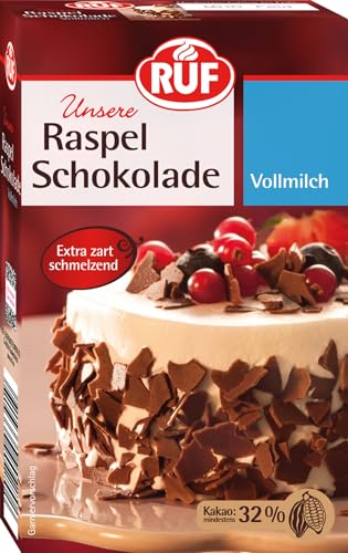 RUF Raspel-Schokolade Vollmilch, hauchdünn geraspelte Vollmilchschokolade, Schoko-Raspeln zartschmelzend für Kuchen, Torten, Muffins & Eis, glutenfrei