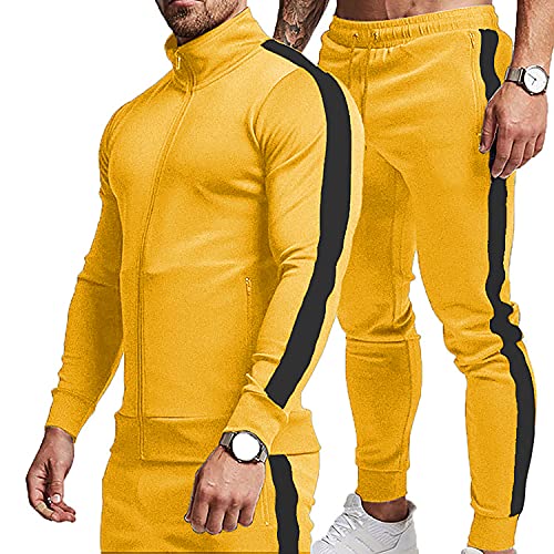 TEZO Herren Casual Active Trainingsanzüge Full Zip Sport Jogging Anzüge Sets Athletic Running 2 Piece Sweatsuits mit Reißverschlusstaschen, Gelb/Schwarz, Large