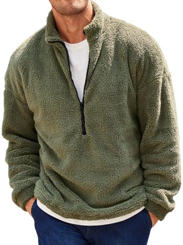 Runcati Herren Plüsch Pullover 1/4 Zip Teddy-Fleece Sweatshirt Fuzzy Sherpa Oberteile Leichte Casual Basic Pulli Tops Herbst Winter Armeegrün M