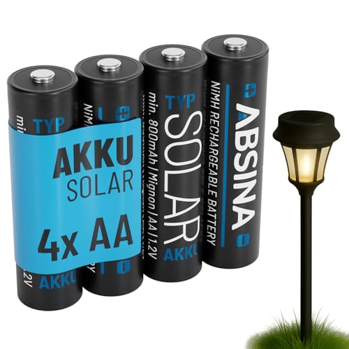 ABSINA 4X Solar Akku AA wiederaufladbar 800mAh 1.2V NiMH - Aufladbare Batterien AA für Solarleuchte - Solarbatterie, AA Akku für Solarlampen, Akkus AA, Wiederaufladbare Batterien AA