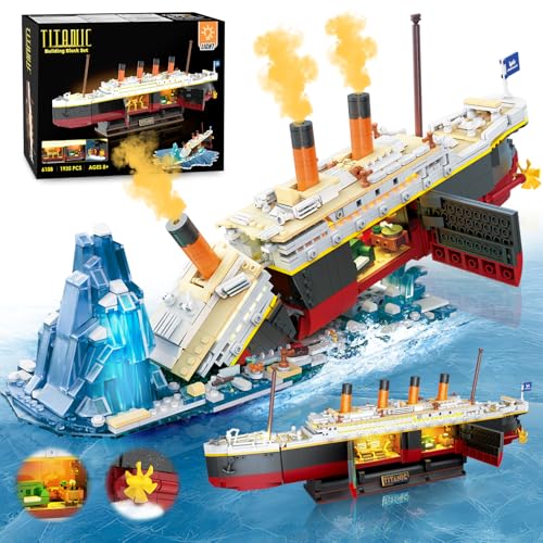 PLAXSOON 2-in-1 Titanic Bauspielzeug mit Licht, 1935Stück Titanic Schiff Modell Mini Baukasten mit Eisberg Display Ständer, Klemmbausteine Spielzeug Geschenk für Erwachsene Jungen Mädchen ab 12 Jahren