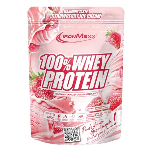 IronMaxx 100% Whey Protein Pulver 500g - Strawberry Ice Cream | Cremiger Eiweißshake mit BCAAs & EAAs | High Protein, Low Carb & zuckerarm | Ideal für Muskelaufbau, Diät & Fitness