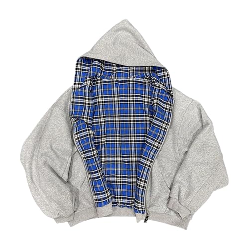 Suncadmious Männer und Frauen Y2K Karierten Patchwork Reversible Reißverschluss Hoodie 2000er Jahre Rock Street Style Rap lose gedruckt Hooded Sweatshirt (Grau kariert,M)