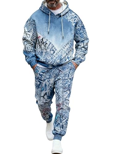 oneforus Herren Vintage Hoodie und Jogginghosen Zweiteiliges Set Langarm Kapuzenpullover und Sweatpants Outfit Sets
