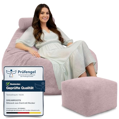 DreamRoots Sitzsack Erwachsene Cord oder Kinder - Bean Bag Sofa - Sitzsack Cord mit Hocker und Bezug - Sitzsäcke mit Füllung 90x90x100 cm Silver Pink