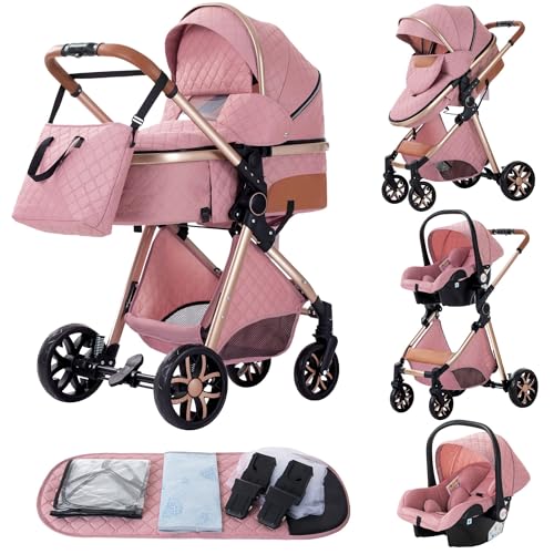 GLOKID Kinderwagen 3 in 1,Reisesysteme, Babywanne,Buggy&Sportsitz,Tragbarer,Voll-Gummireifen,Mit Einem Klick Zusammenklappbarer,Zubehör (LV9 Rosa)