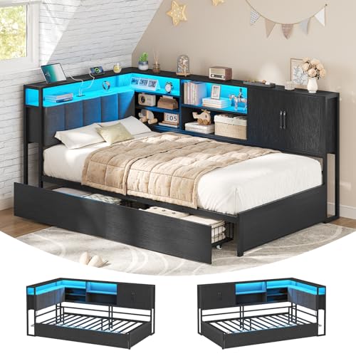 KIMENICH Polsterbett Schlafsofa 90x200 mit LED-Beleuchtung, Ladestation, Tagesbett, Jugendbett mit 2 Schubladen und Lattenrost aus Metall, Kopfteil mit Stauraum, Offene Regale, Schrank, Schwarz