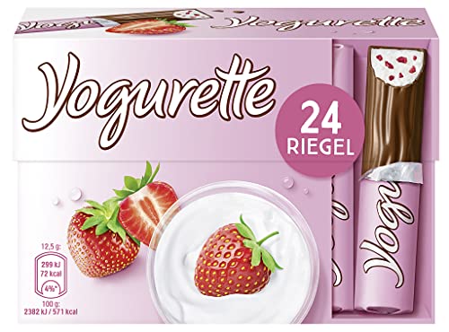 Yogurette Erdbeere Riegel – Fruchtig-frischer Geschmack von Magermilchjoghurt, Erdbeeren & zarter Vollmilchschokolade – Snack für zwischendurch – 1 Packung mit 24 einzeln verpackten Riegeln, 300 g