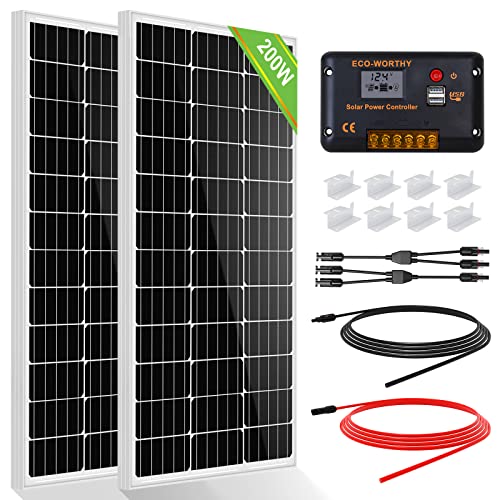 ECO-WORTHY 200W 12V Solarpanel Kit Off-Grid System: 2pcs 100W Monokristalline Solarmodule mit 30A LCD Laderegler + Solarkabel + Montageklammern für Wohnmobil, Camping