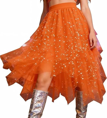 Aperol Kostüm Damen Tüllrock Orange: Tüllrock Damen Lang Glitzerrock Tütü Rock Orange Glitzer Rock Mehrschichtiger Mesh Tüll Röcke Faschingskostüme Ballet Tanzrock Karneval Kostüm Karnevalskostüme