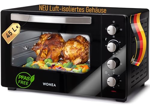 Minibackofen 45 Liter mit Glasfront und 2.000 Watt | Mini Backofen mit Umluft, Drehspieß und Krümelblech | Ober-/Unterhitze | Konvektion | 60 min Timer | Neues luft-isolierten Gehäuse, Mini-Ofen