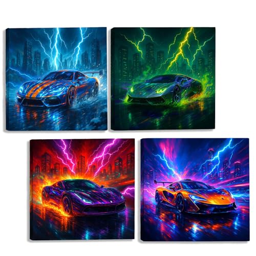 Leseogye 4er-Pack Supercar-Rennposter, Auto Poster, Supersportwagen Car Poster, Hochwertige Supersportwagen Wall Art für Garage Büro Jugendzimmer Deko, Ideal für Motorsport Fans