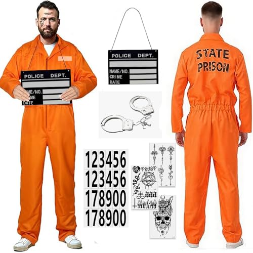 RIRIDAMAI Gefängnis Kostüm Orange Herren Damen, Gefangener Kostüm, Prisoner Overall Costume mit Sträfling Accessoires, Häftling Outfit für Erwachsene Cosplay Halloween Karneval Costume
