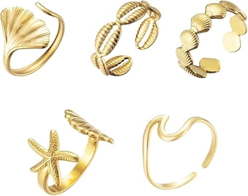 5 Stück Goldene Sommer Ringe Ocean, Seestern Muschel Ring Welle Gold Wasserfest, Muschel Ringe Gestapelt, Ginkgo Blatt Ring Edelstahl, Halb Offener ringen Sommer Schmuck Gold für Frauen und Mädchen