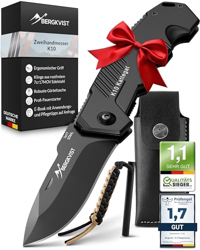 BERGKVIST® K10 Klappmesser (Zweihandmesser) - scharfes Taschenmesser für Outdoor & Survival mit Feuerstahl & Tasche - Mitführen in Deutschland erlaubt - Vollmetall