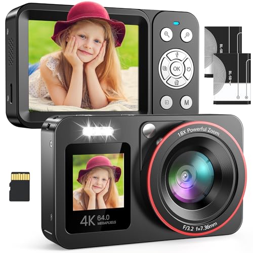 Digitalkamera 4K 64MP FHD Fotokamera für Kinder Fotoapparat 18X Digitalzoom Fotokamera Kompaktkamera mit 2 Bildschirme, 64GB SD Karte für Kinder Teenager Anfänger, Schwarz
