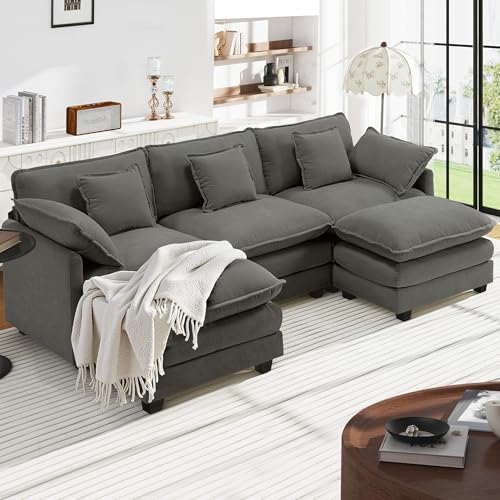 Urhanherry U-Form Cloud Sofa, Modulares Sektionssofa 5-Sitzer mit 2 Ottomanen, Modernes Sofa mit Armlehnen/Dekokissen, Atmungsaktivem Chenille-Stoff, U Sofa Couch für Wohnzimmer, Dunkelgrau