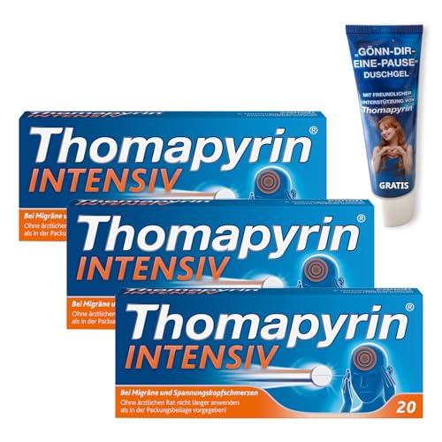 Thomapyrin INTENSIV Kopfschmerztabletten | 3 x 20 Stück Duschgel | Hochdosierte 3-fach Kombination bei Migräne & intensiveren Kopfschmerzen | 20 Minuten schneller als Ibuprofen 400 mg