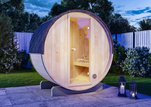 FinnTherm Fass-Sauna Mini XXS, 194 x 130 x 194 cm Gartensauna, Outdoor Sauna mit 42 mm Wandstärke, inkl. Montagematerial, Glastür aus Sicherheitsglas, 2-3 Personen, inkl. Dachschindeln, Außensauna