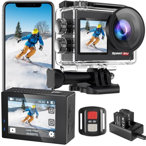 Speed 20 Action Cam 4K60FPS 40MP WiFi Unterwasserkamera 40M Wasserdicht Ultra HD Touchscreen Actioncam 170° Ultra-Weitwinkel, EIS Stabilisierung, 5X Zoom, 2.4G Fernbedienung und 2 Akkus 1350mAh