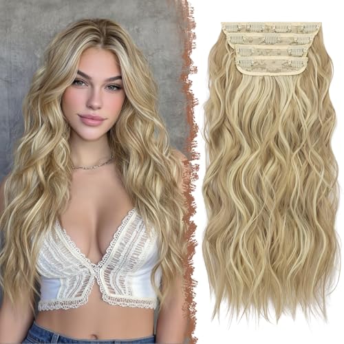 FESHFEN Clip in Extensions, 4PCS Haarverlängerungen mit Clips Synthetik Gewellte Haarextension Dreckiges Blond Clip in Haarteil für Frauen, 50 cm