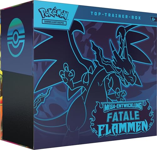 Pokémon-Sammelkartenspiel: Top-Trainer-Box Mega-Entwicklung – Fatale Flammen (1 Vollbild-Promokarte, 9 Boosterpacks & Zubehör)