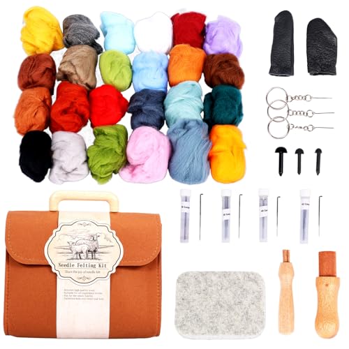 KEGAJEGA 54 Stück Nadelfilz Set 24 Farben Trockenfilzen Starterset mit Filznadeln Nadelfilzunterlage Aufbewahrungstasche Filz Starterset Wollfilz Set für Nadelfilz-Bastelbegeisterte Filz-Heimwerker