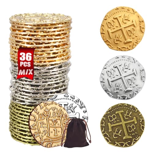 ZUCOS Piraten Münzen Zubehör,Goldmünzen-Set, Metall Goldtaler Deko Dublonen für DND Brettspiele, Cosplay, Realistische Mittelalter Geld-Imitation, Piratenschatz (Gold 12,Silver 12,Copper 12, Large)