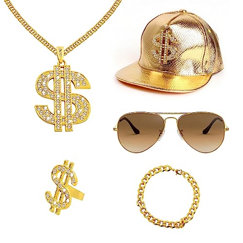 GIGIIS Zuhälter Kostüm 90er Jahre Outfit Herren Hip Hop Kostüm 80ziger 70er Jahre Accessoires Karneval Gangster Kostüm Hip Hop Cap Goldene Dollar Kette Ring Sonnenbrille 5-teiliges Set