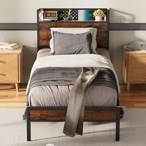 KUTAS Bettgestell, 90 x 200 cm, mit Stauraum-Kopfteil und LED-Lichtern, Metallbettgestell mit Ladeplattform, 14 Reihen Metalllatten, ohne Boxspringmatratze, Stauraum unter dem Bett, Vintage-Braun