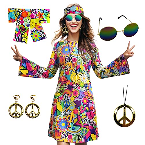 MRYUWB 70er-Hippie-Kleid-Kostüm für Damen, mit Halskette, Ohrringe, Sonnenbrille, Disco-Kostüm, 60er-Party-Kostüm, Halloween Retro-Kleider (Vintage-Kleid mit Liebe- und Frieden-Muster, M)
