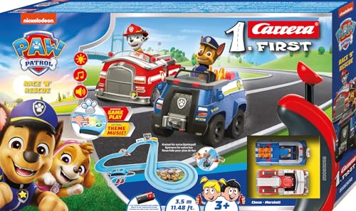 Carrera First PAW Patrol, Race 'N' Rescue – 3,5 Meter Lange Bahn mit Licht-, Sound- & Musikeffekten, interaktive Funktionen – Für aufregende Rettungsmissionen und Abenteuer im Kinderzimmer