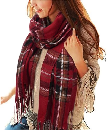 heekpek Damen Kariert Oversized Kaschmir Schal Lange Winterschal Weich Wraps Groß Karo Fransen Schal Warm Schal für Herbst Winter, Rot kariert