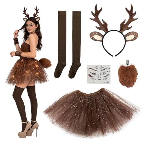 Beafaeur 5 Stück Reh Kostüm Damen, Braun Rentier Karneval Kostüm Damen Erwachsene Mit Tüllrock Dame LED, Rentier Haarreif, Gesichtstattoo, Strümpfe Schwanz, für Faschingskostüme Reh Cosplay