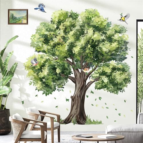 decalmile Wandsticker XXL Groß Grüne Baum Wandtattoo Pflanze Blätter Vögel Wandaufkleber Wohnzimmer Schlafzimmer Sofa TV Hintergrund Wanddeko
