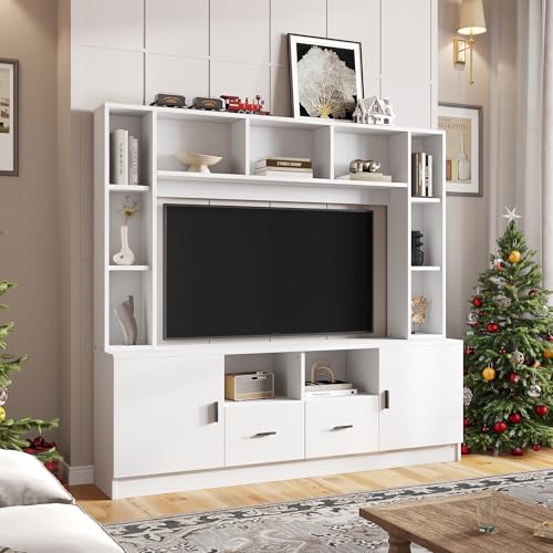 Merax TV Wohnwand-Set, Anbauwand, Mediawand mit TV Lowboard & Wandregale, TV-Schrank mit 2 Schränke, 2 Schubladen, Offene Regale, Elegante Schrankwand, Wohnzimmermöbel Komplett, TV bis 60-Zoll, Weiß