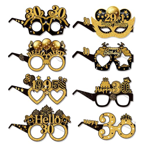 LUMOOM XQMMGO 8 Stück Geburtstag Brille, lustige Papierbrillen in Schwarz-Gold als Dekoration, Happy 30th Birthday Partybrillen, Lustige Papier Geburtstags Deko, Party Photo Booth Requisiten